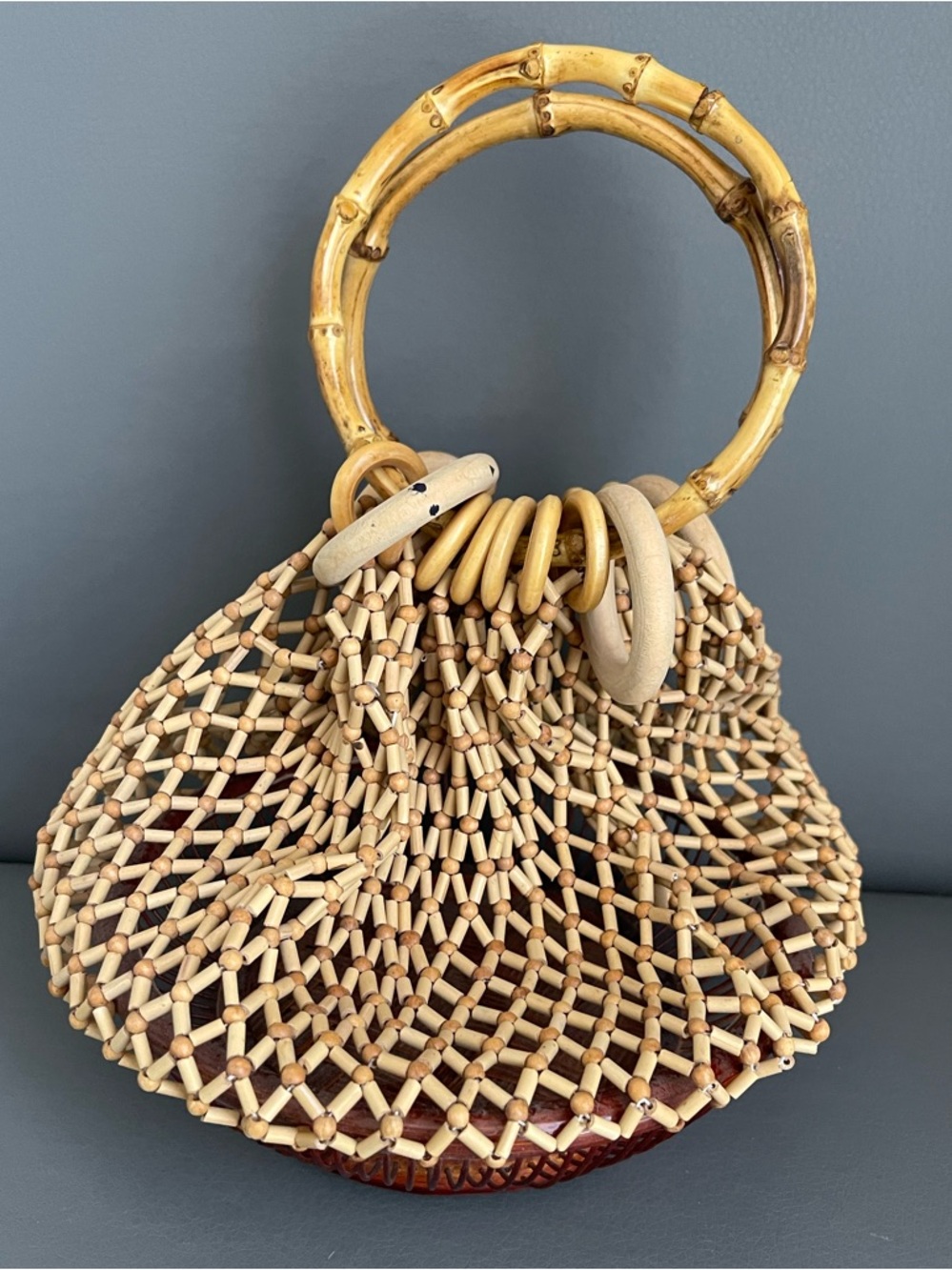 Buddha Stones Hand-Woven Wooden Beads Bamboo Handle Shoulder Bag Handbag